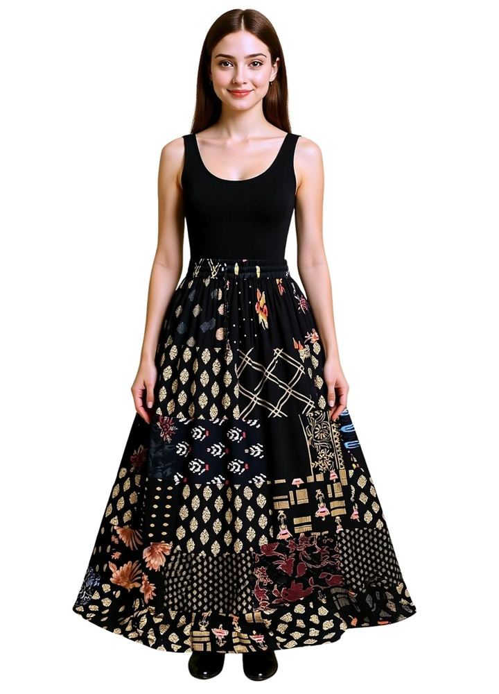 Women's Rayon Fabric Printed Flared Design Casual Free Size Long Skirt with Elastic
