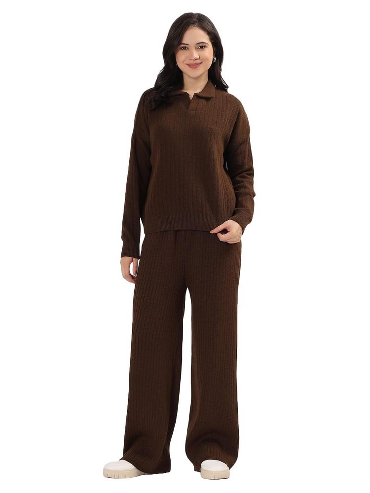 Kvetoo Winter Cord Set for Women Ribbed Knit Tracksuit Pajama Set Two Piece Travel Wear with Collar Polo Sweater Top and Wide Leg Pant