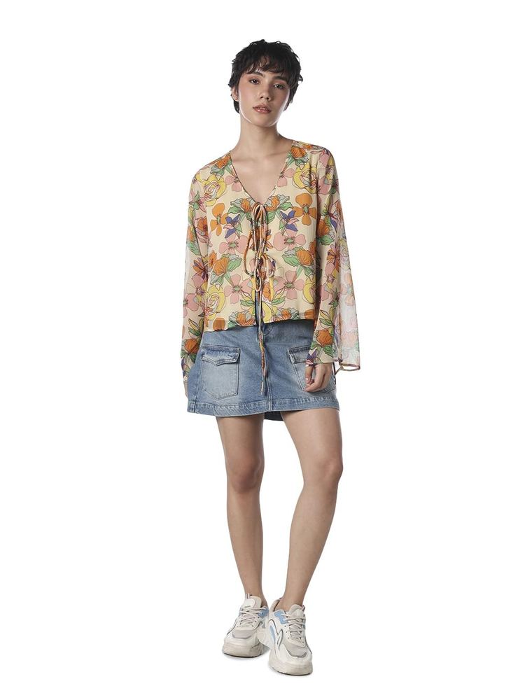 ONLY Women Floral Printed Tie-Up Neck Flared Sleeve Chiffon Top
