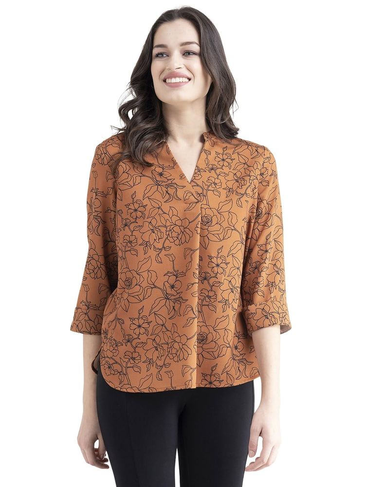 FableStreet Women Shirt Work & Casual | Relaxed Fit Mandarin V-Neck Three-Quarter Sleeves Solid Pattern | Breathable Woven Fabric for Office & Everyday Wear