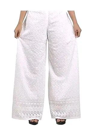 Women's White Cotton Embroidered Palazzo Pants