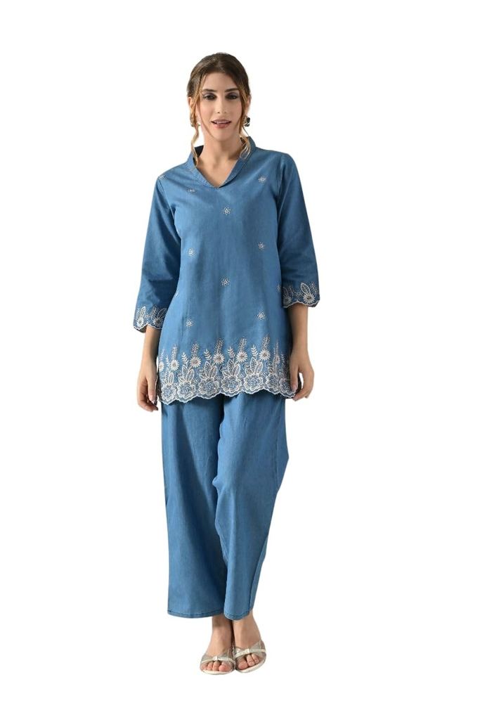 PR Clothing Women's Denim Light Blue Coord Set With Beige Hem Embroidery | 3/4 Sleeve | V- Neck | Pant With Half Elatic With Draw Strings | Casual Wear |
