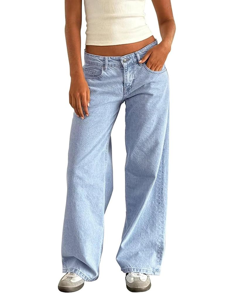 Women's Mid Low Waisted Baggy Bow Jeans Wide Straight Leg Casual Loose Denim Pants Y2K Trendy