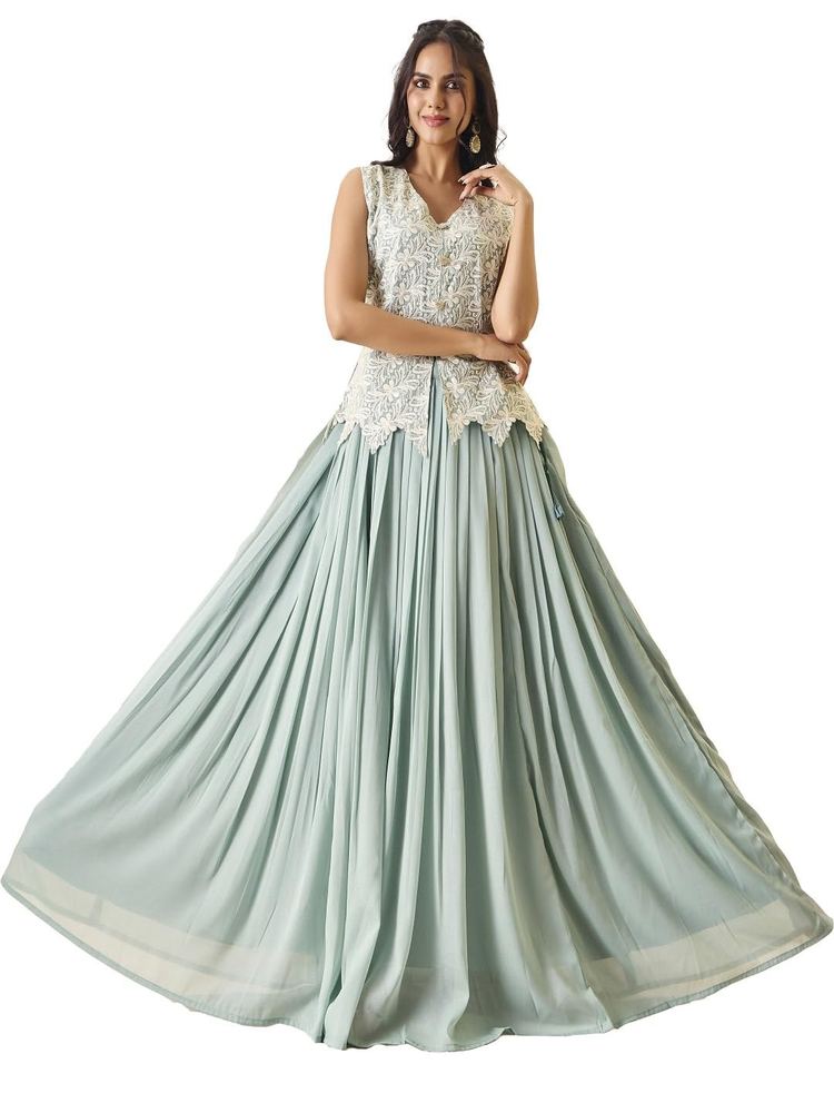 madhuram textiles Women'S Georgette Top Skirt Set for Women V-Neck Embroidered Ethnic Wear Dress(M-2571 Sky Blue)