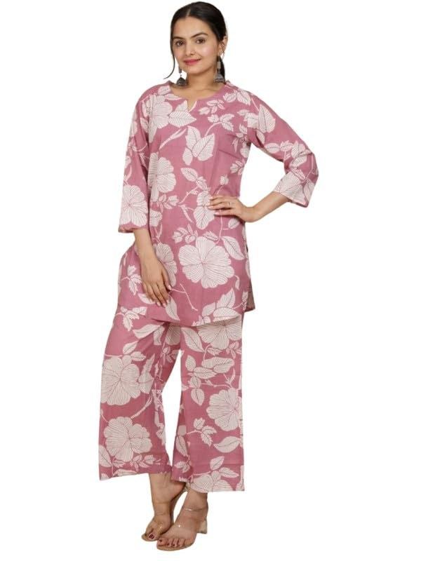 Women Light Pink Floral Printed Cotton Co-Ord Set Lounge Wear, Stylish Printed Co-Ord Set for Women Outfit | Trendy Two Piece Dress