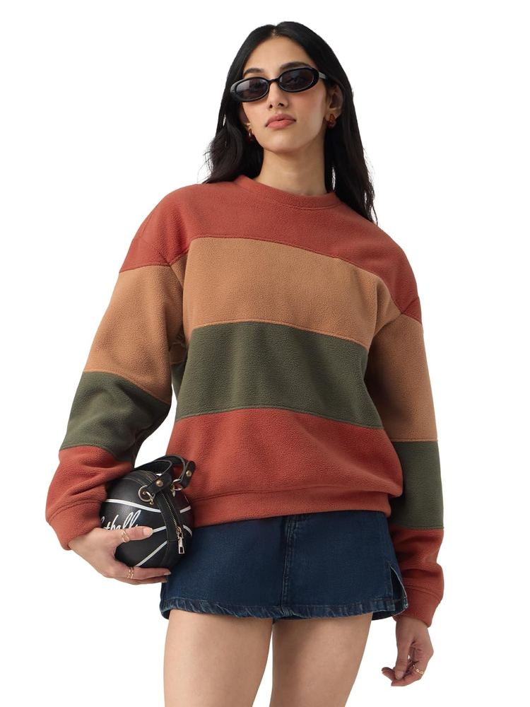 The Souled Store Tranquil Women and Girls Full Sleeves Round Neck Colour-Block Polar Fleece Warm Comfortable Casual Drop Shoulder Stylish Oversized Fit Sweatshirt