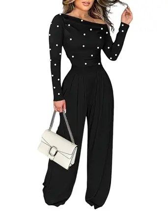 Jumpsuits For Women Dressy Pearls Decor Long Sleeve One Piece Outfits For Women Casual Ruched Wide Leg Rompers