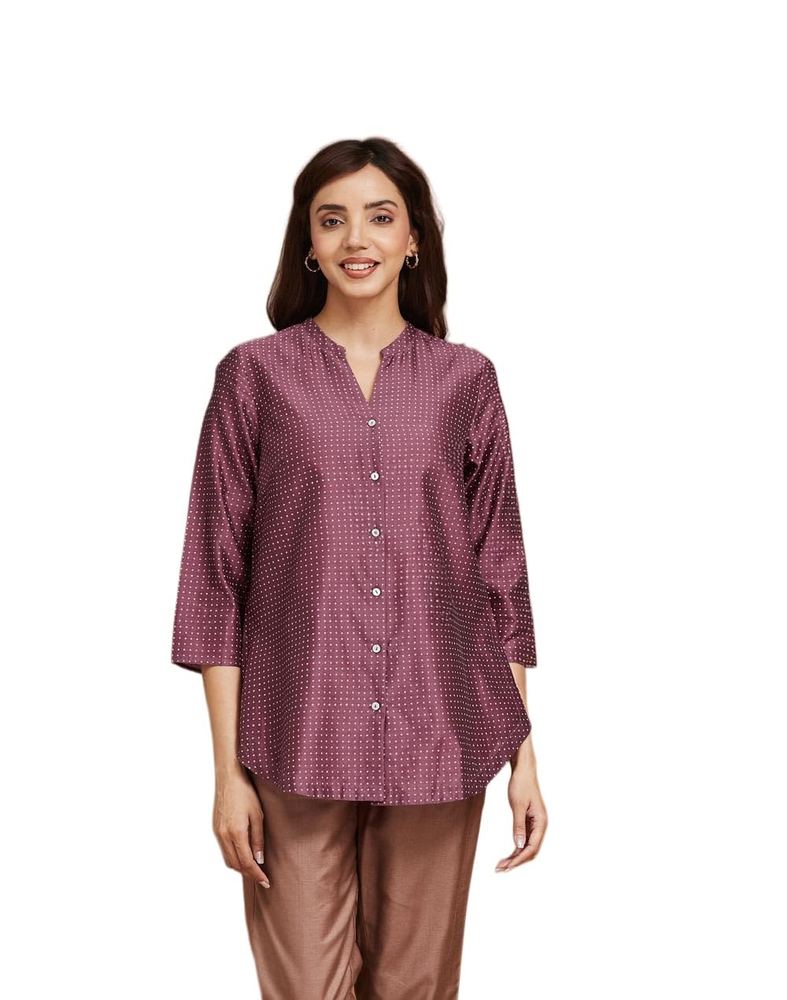 Fabindia Women Mauve Printed Mandarin Collar 3/4th Sleeves Tunic