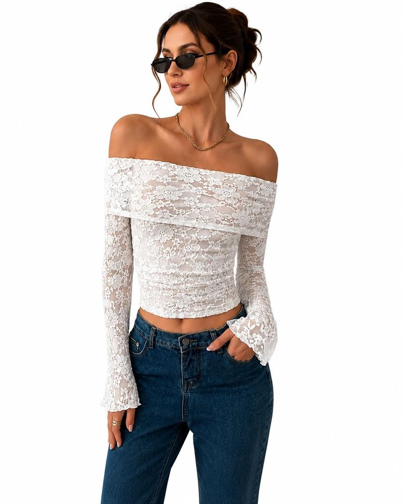 Women's Elegant White Lace Long Sleeve Top, Square Neck Floral Pattern, Fitted Style, Stretch Fabric, Casual
