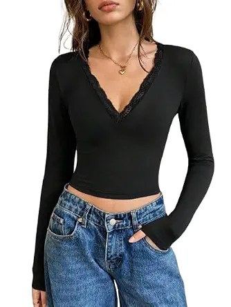 TIVANTE Solid V Neck Lace Tops for Women || Crop Top for Women Stylish Western || Ribbed Tops || Full Sleeves Top || Winter Top