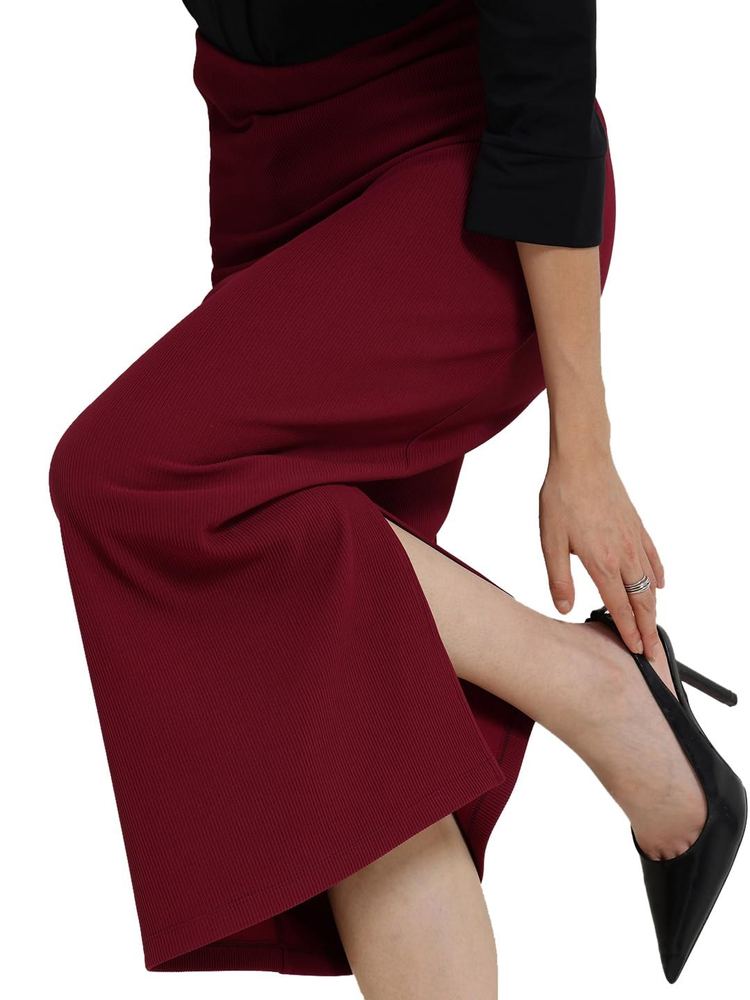 FableStreet Women Casual Skirt | Pencil Fit with Side Slit & Elasticated Waistband | Ribbed Knit Fabric for Comfortable Street Style