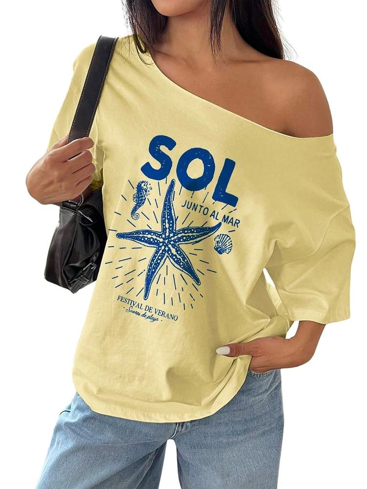 SXV Style SOL Women Summer Loose Asymmetrical Neck Cocktail Fruit Orange Y2K Graphic Oversized T-Shirt