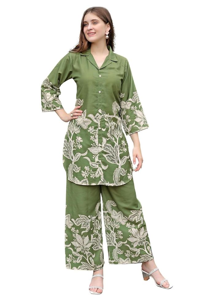 Women's Rayon Slub 3/4 Sleeve Collar Neck Floral Printed Mehandi Top with Matching Pant Cord-Set