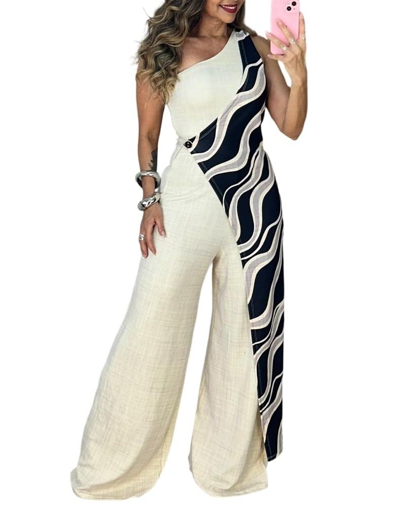 CHICME Jumpsuits for Women Dressy 2026 One Shoulder Printed Wide Leg Romper Casual Vacation Summer Outfits with Pockets