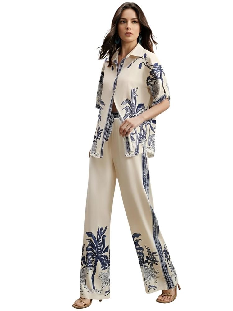 NAINVISH Women's Rayon Co-Ord Set | Printed Shirt and Pant Set for Women | Casual Two Piece Lounge Outfit | Western Outfit