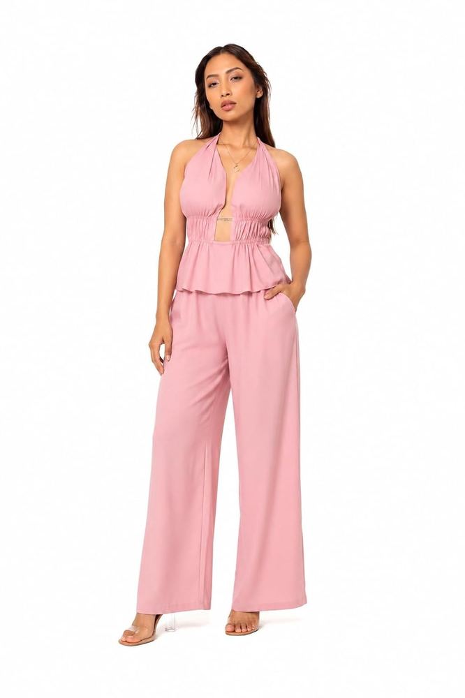 TEA&DOVE Starline Cosmetic Pink Cord Set | Cotton Lycra Halter Neck Top and Bottom | Two Piece Women's Wear