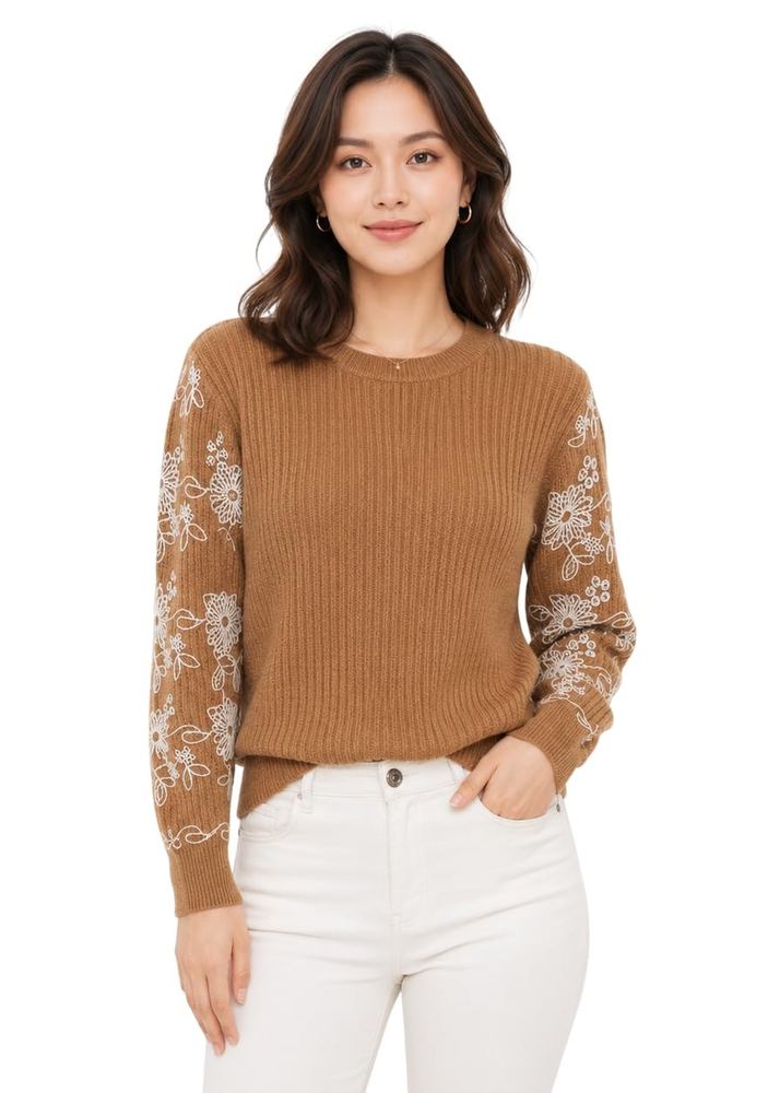 Women's Textured Knit Top with Embroidered Lace Sleeves | Full Sleeve Casual Wear Top for Women | Round Neck Elegant T-Shirt