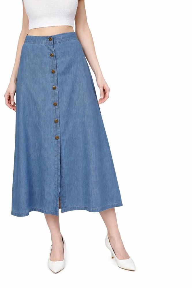 Women Button Front Denim Midi Skirt | High Waist A-Line Long Skirt for Casual Wear