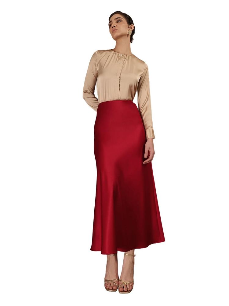 ableStreet Women Skirts High Rise A-Line Midi Skirt with Flared Fit & Lustrous Finish | Satin Fabric for Elevated Occasions & Evening Gatherings