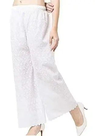 White Chikankary Elasticated Ethnic Palazzo Pants for Women's