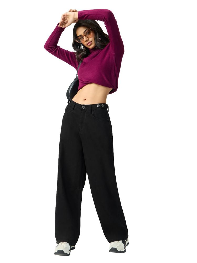 The Souled Store: Barrel-Fit Denim: Women and Girls Washed Cotton Twill Barrel Fit Lightweight Adjustable Rise Everyday Casual Denim Jeans