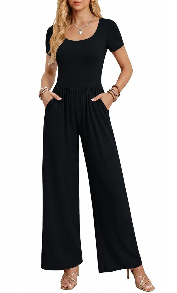 Ekouaer Summer Jumpsuits for Women Short Sleeve Wide Leg Romper Casual Square Neck Jumper 2026 One Piece Overalls with Pocket