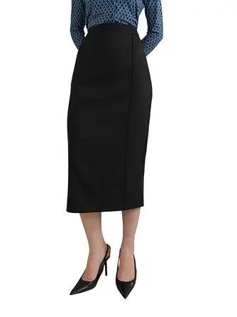 FableStreet Women Formal Skirt | Straight Fit Midi Length with Pin Tuck Detailing & Back Slit | Smooth Woven Fabric & Elasticated Waistband for Office & Workwear