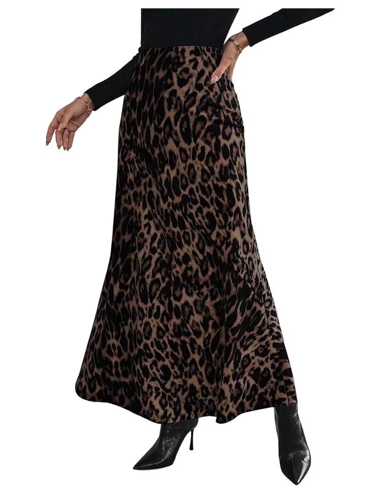 RoseSeek Women's Elegant Leopard Cheetah Maxi Skirt Flowy High Waisted Bodycon Skirt Casual Fall Outfits