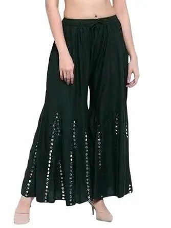 KAJAL Fashion Embellished Rayon Palazzo Pants for Women Relaxed Fit Elegant Look Festive Event Green 28