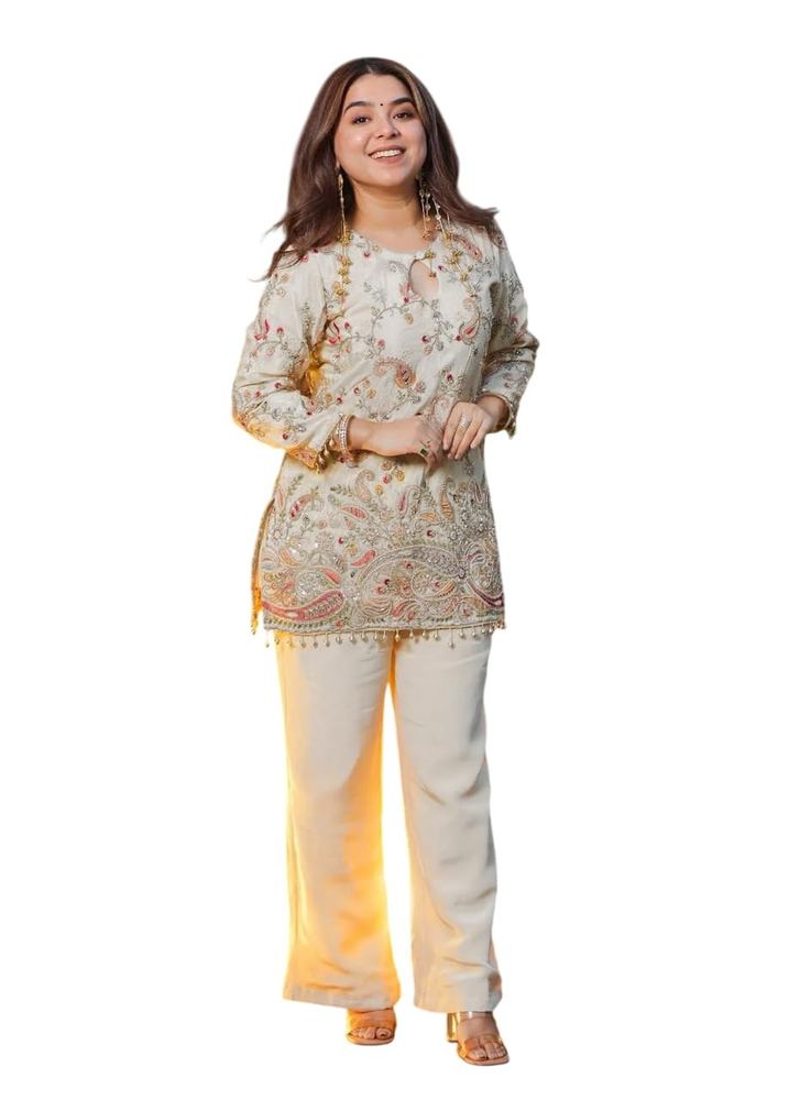 Fast Fashions Women's Silk Blend Embroidered Co-Ord Set with Pant | Elegant Kurta Set for Women | Designer Embroidery Kurti & Straight Pants | Festive, Party & Ethnic Wear Outfit