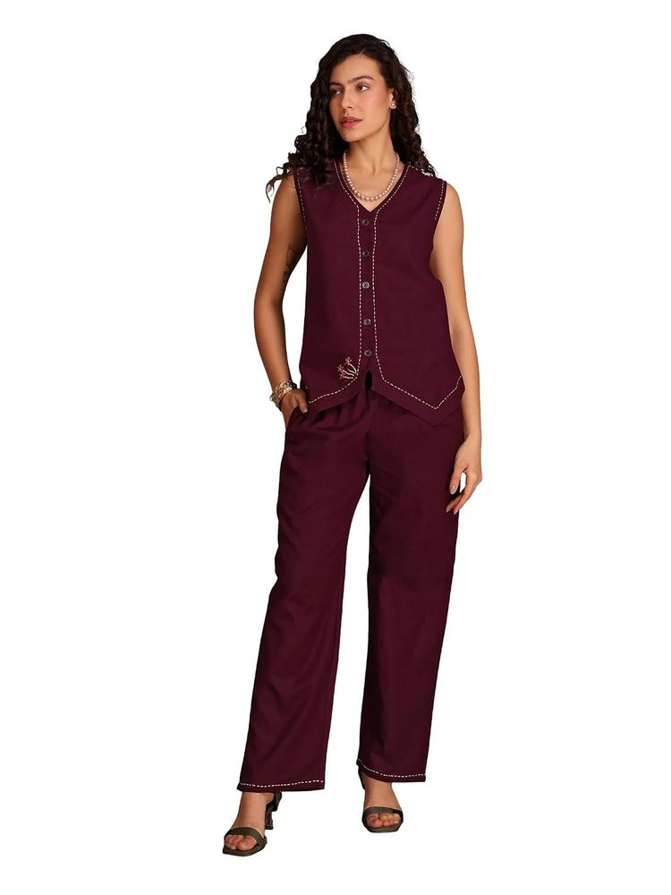 Women Regular Size Cotton Flex Co-Ord Set | Waistcoat & Trouser Set for Women | V-Neck Sleeveless Waistcoat with Embroidery | Elastic Waist Trouser | Comfortable Casual Wear Outfit | M to XXL