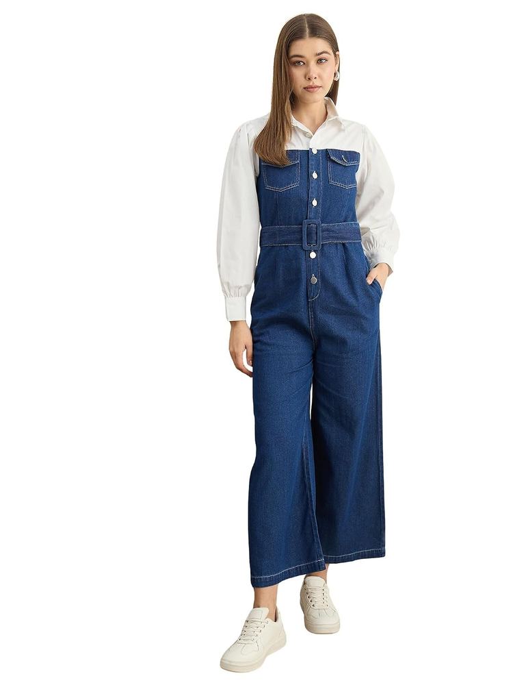 StyleStone Women's Denim Jumpsuit with attached White Shirt