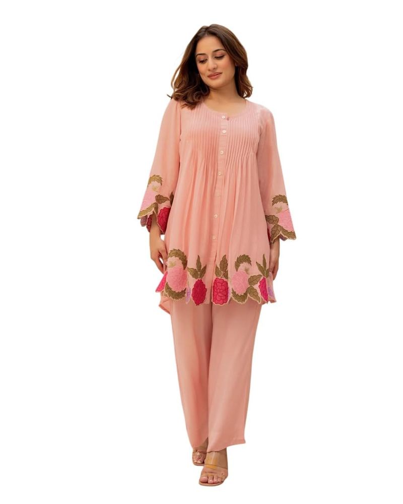 by Premium Mul Chanderi With Embroidery Work CORD SET Set.