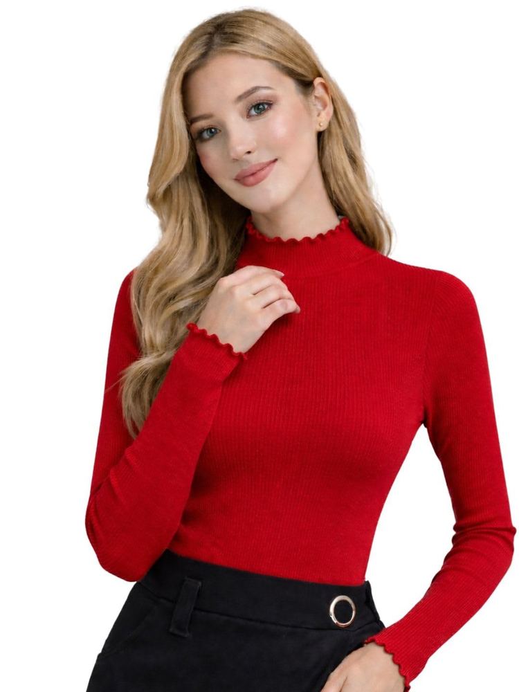 Red Women High Neck Ribbed Full Sleeve Top Stretchable Winter Wear Casual Slim Fit Knitwear