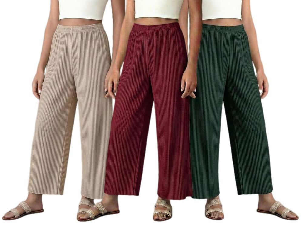 Combo Pack Women's Relaxed Stretchable Regular Fit Trouser Pants Palazzos Lightweight Elastic Waistband Bottoms for Daliy Office & Casual Wear Maroon,Beige