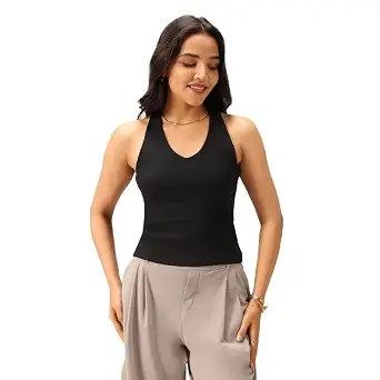 BlissClub Womens Blissentials V-Neck Bra Top, in-Built Bra Support, Soft-Handfeel, Snug-Fit, Everyday Comfort Tank