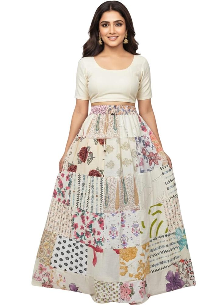 Women's Cotton Elastic Waist Printed Design Long Skirt for Casual Wear