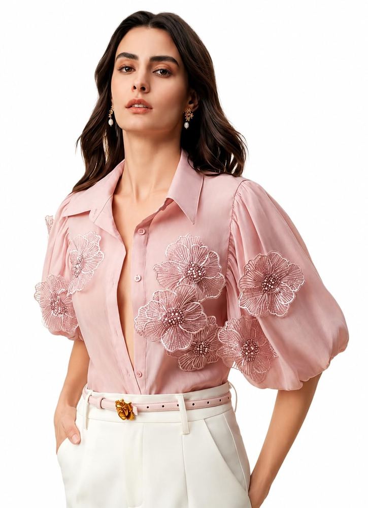 Women Pure Cotton Formal Shirt with 3D Floral Embroidery, Soft Breathable Fabric, Regular Fit Office Wear Top for Elegant Workwear in Peach