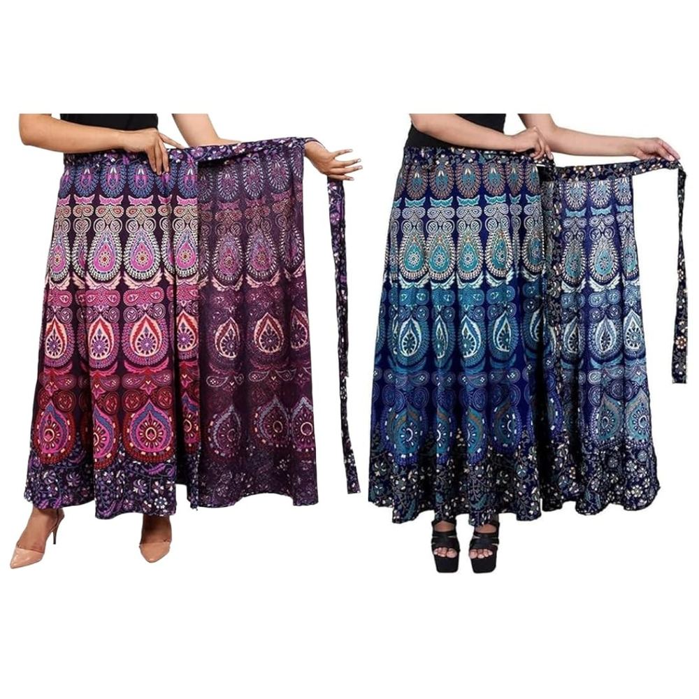 Combo Women's Cotton Jaipuri Wrap Around Maxi Skirt, Rajasthani Printed, Long Flared, Ethnic Wear (in, Alpha, L, Regular, Combo-19)