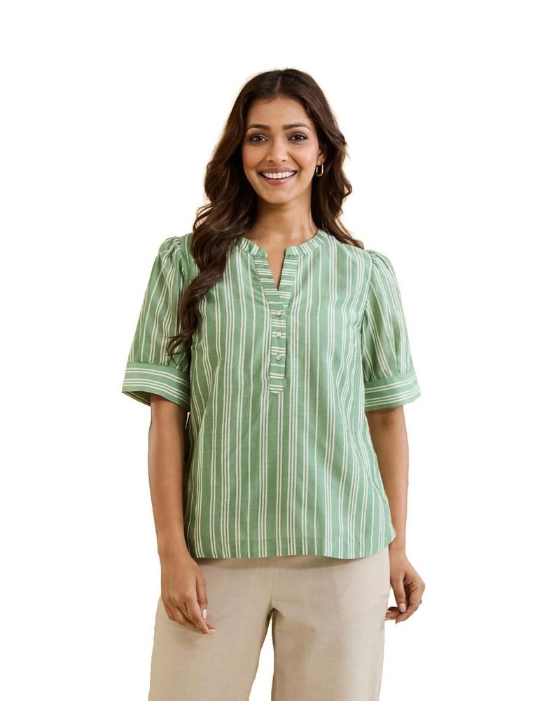 Fabindia Green Cotton Silk Hand Block Printed Top