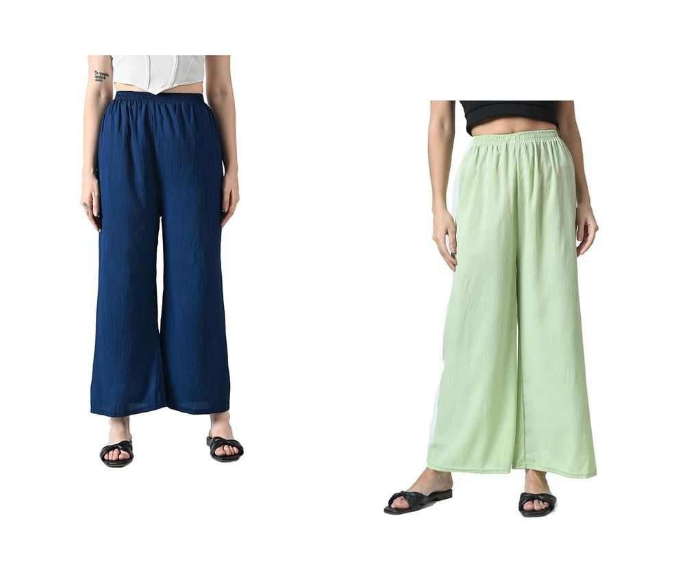 KAYU Pack of 2 Women's Crepe Plain Palazzo Pants with Elastic Waistband, Lightweight Wide Leg Trousers, Comfortable Casual Wear for Summer Style