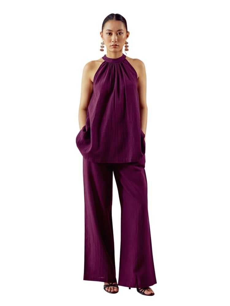 FIORRA Women's Wine Linen Blend Halter Neck Relaxed Fit Co-Ord Set