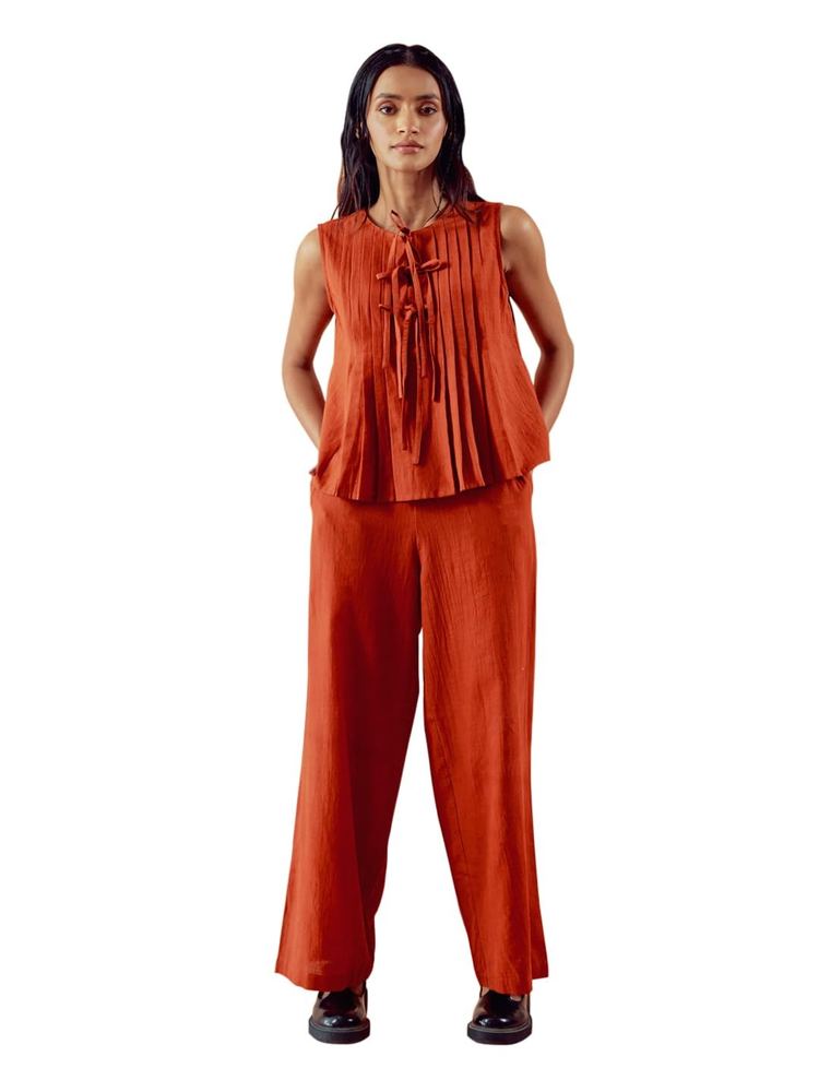 FIORRA Women's Rust Linen Blend Pleated Loose Relaxed Fit Co-Ord Set