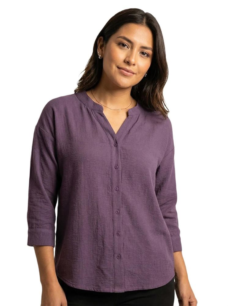 Moomaya Women's Linen Blend Shirt | Button Front Top with 3/4 Sleeves | Relaxed Fit Solid Top for Office & Everyday Wear
