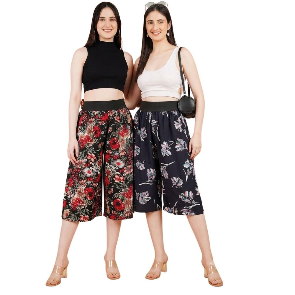 Women's Floral Printed Palazzo Capri Pants, Polyester, High Rise, Elastic Waist, Wide Leg, Casual Wear
