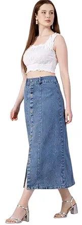 Regular Fit Western Casual Comfortable Long Two Button Up Dobby Denim Skirt for Girls & Women