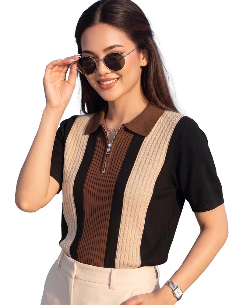 AUSK Women's Casual Summer Polo Knit T-Shirt | Zip Collar Top | Half Sleeves | Ribbed Panel Design | Lightweight Comfort | Regular Fit