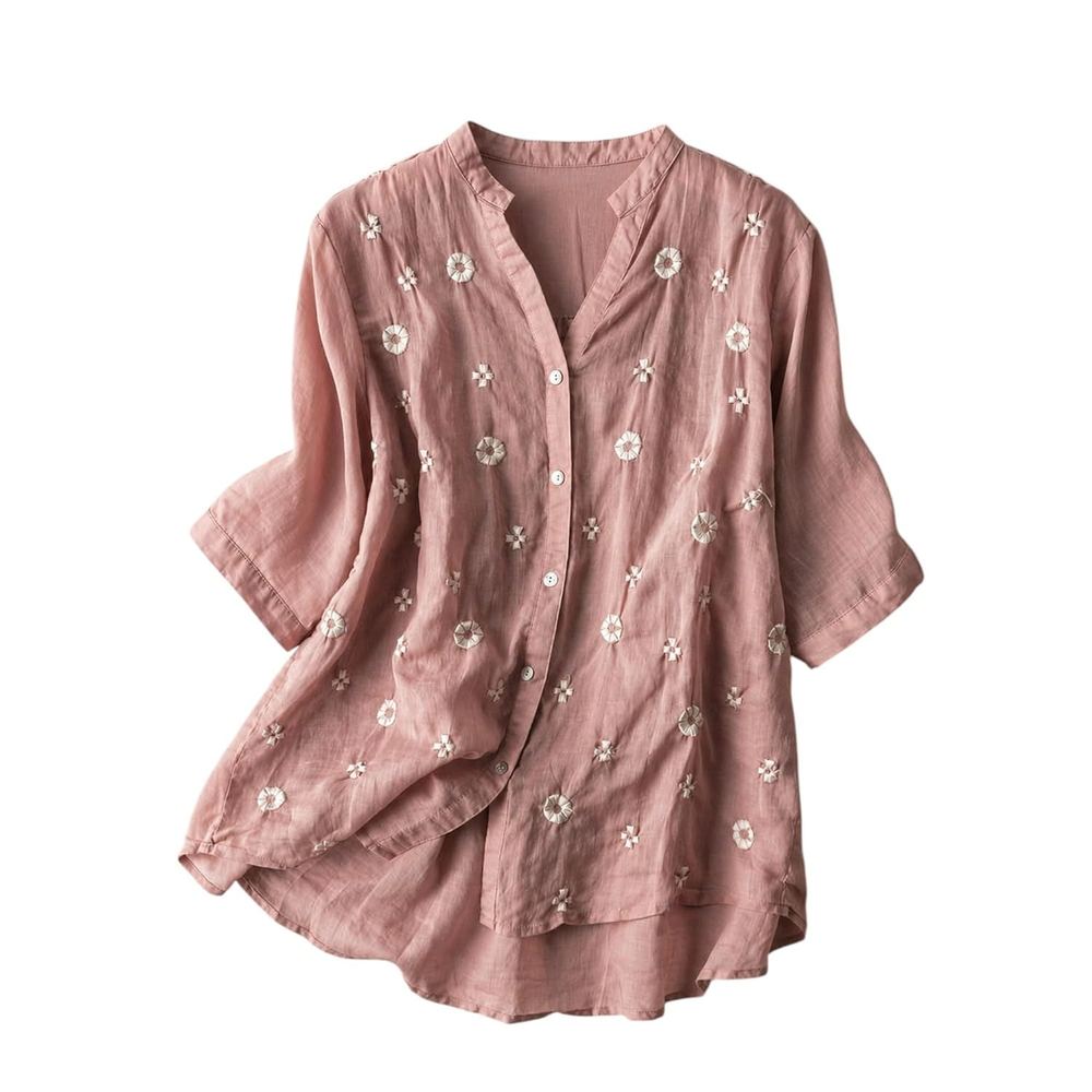 RIEKA Womens Floral Applique Embroidered Fancy Top with Mandarin Collar Button Down Front Half Sleeves Relaxed Fit Casual Tunic Top for Women