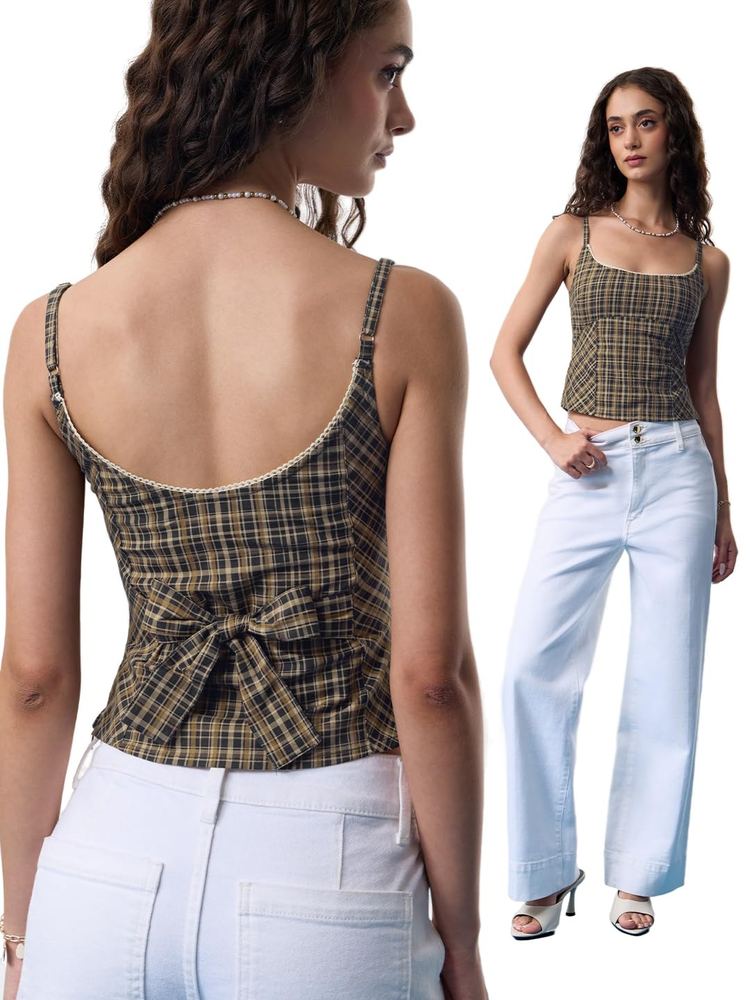 The Souled Store Tie-Up Top: Martini Women and Girls Sleeveless Square Neck Brown Checkered Print Cotton Blend Slim Fit Back Bow Side Zipper Tie Up Tops
