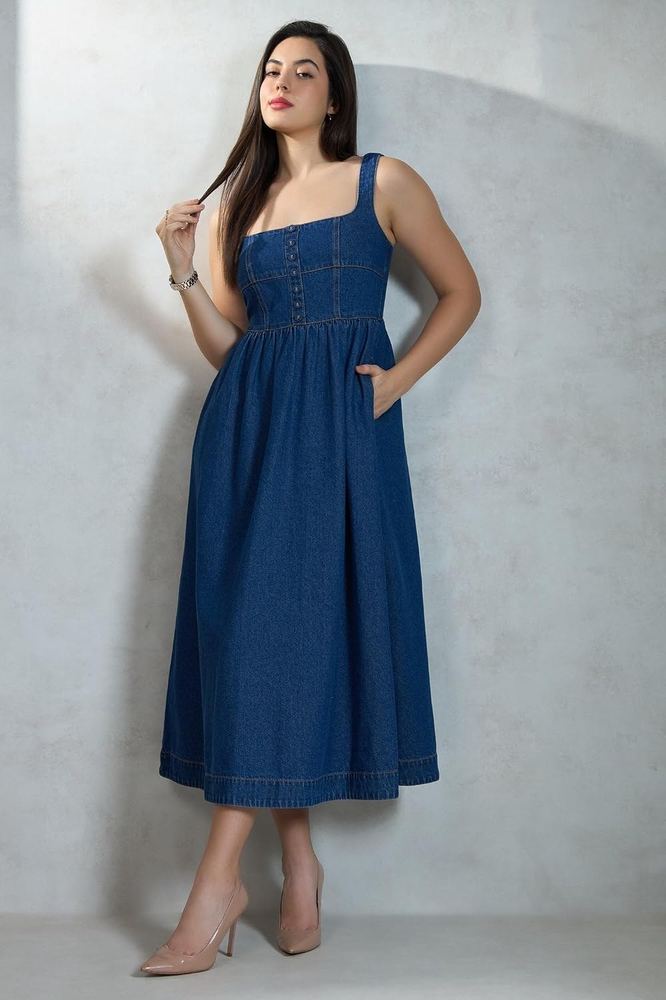 VIRGIO Women's 100% Cotton Denim Midi Dress with Flared Silhouette, Sleeveless Design and Structured Fit, Casual Western Outfit for Vacation Wear and Brunch Styling